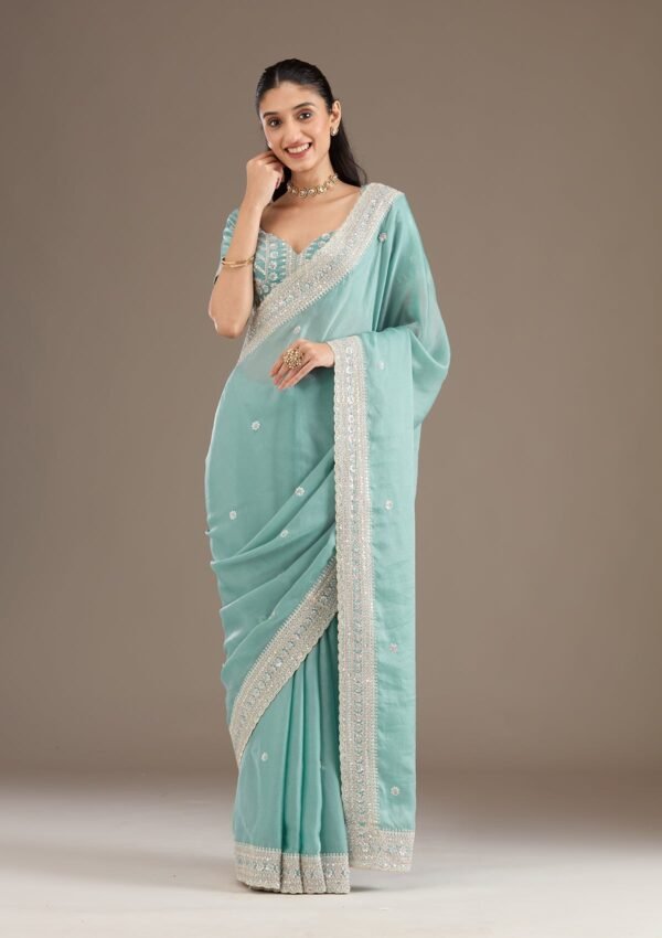 Elegant Sea Green Stonework Tissue Saree for Timeless Style - Image 4