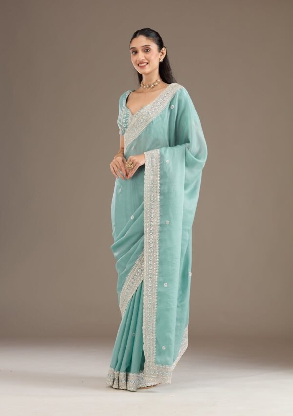 Elegant Sea Green Stonework Tissue Saree for Timeless Style - Image 5