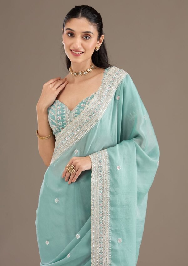 Elegant Sea Green Stonework Tissue Saree for Timeless Style - Image 3
