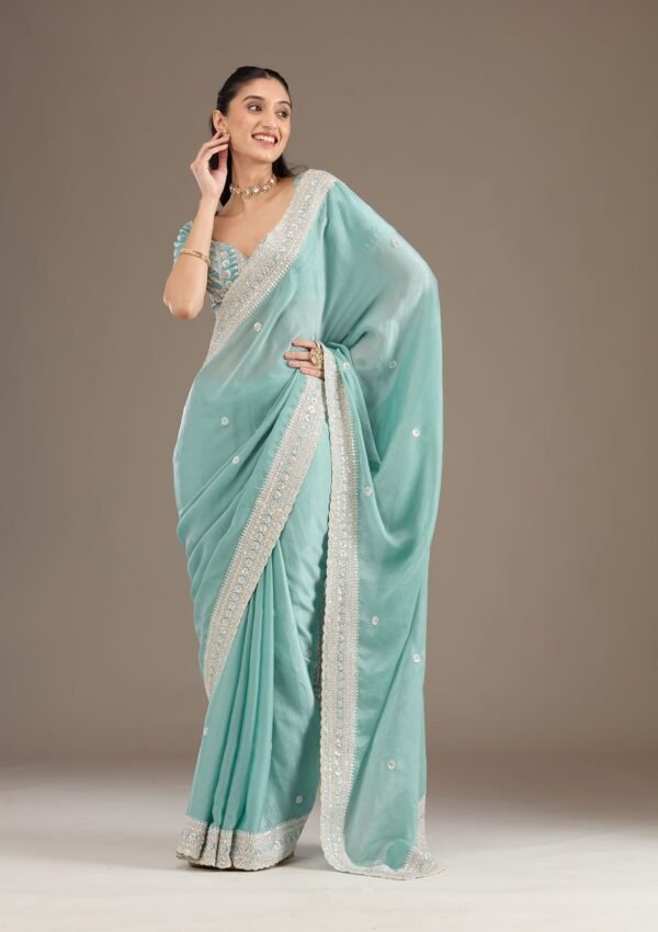 Elegant Sea Green Stonework Tissue Saree for Timeless Style