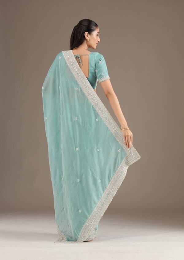 Elegant Sea Green Stonework Tissue Saree for Timeless Style - Image 2