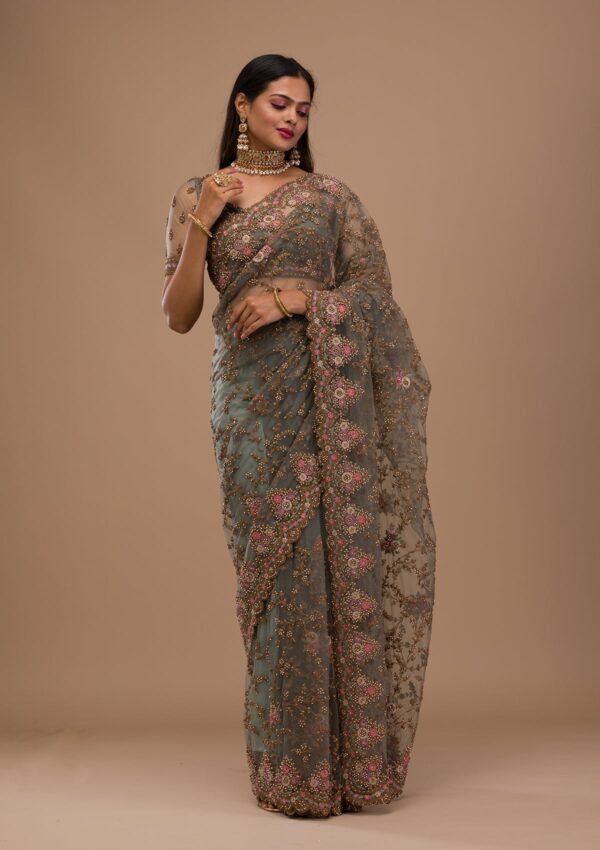 Elegant Sea Green Net Saree with Intricate Zari Work - Image 4