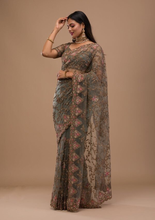 Elegant Sea Green Net Saree with Intricate Zari Work - Image 5