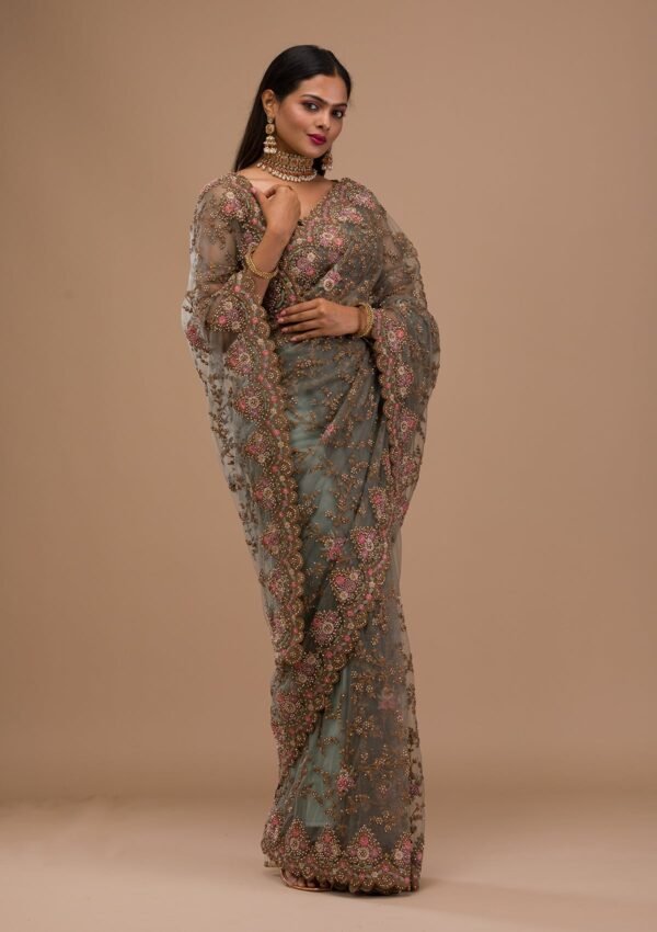 Elegant Sea Green Net Saree with Intricate Zari Work - Image 7