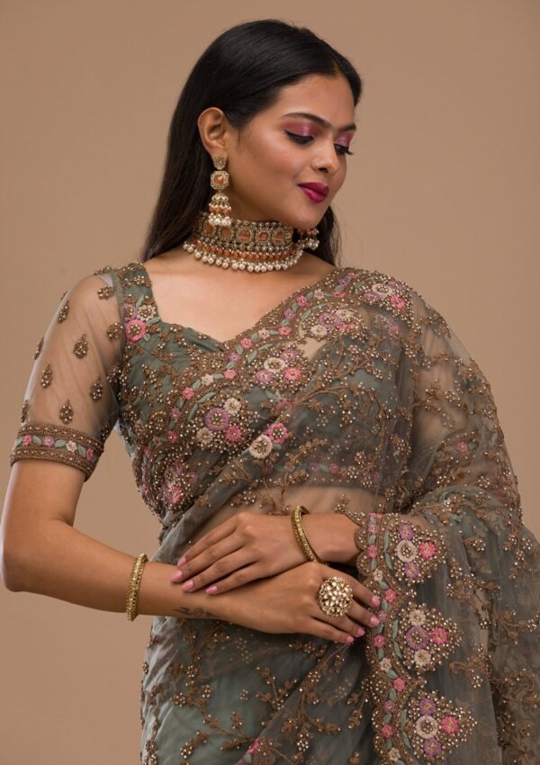 Elegant Sea Green Net Saree with Intricate Zari Work - Image 3