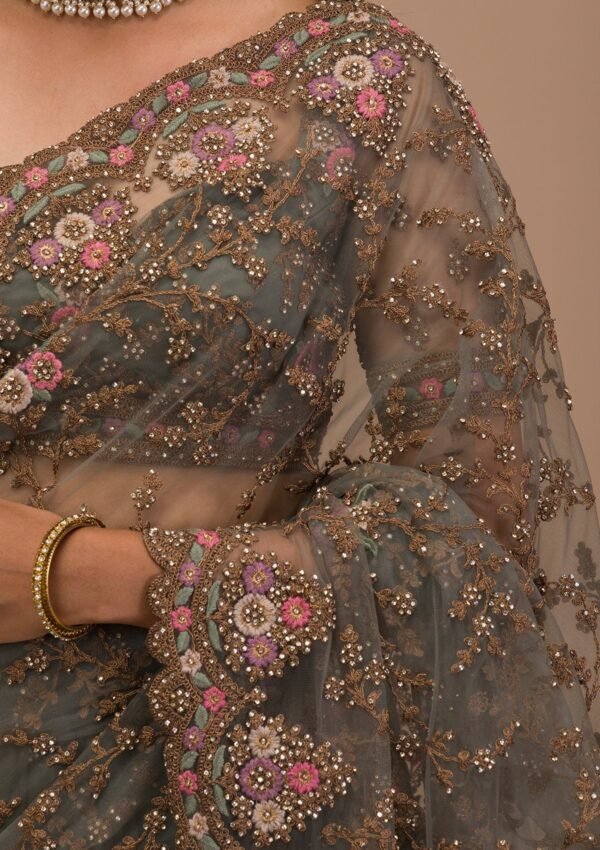 Elegant Sea Green Net Saree with Intricate Zari Work - Image 8