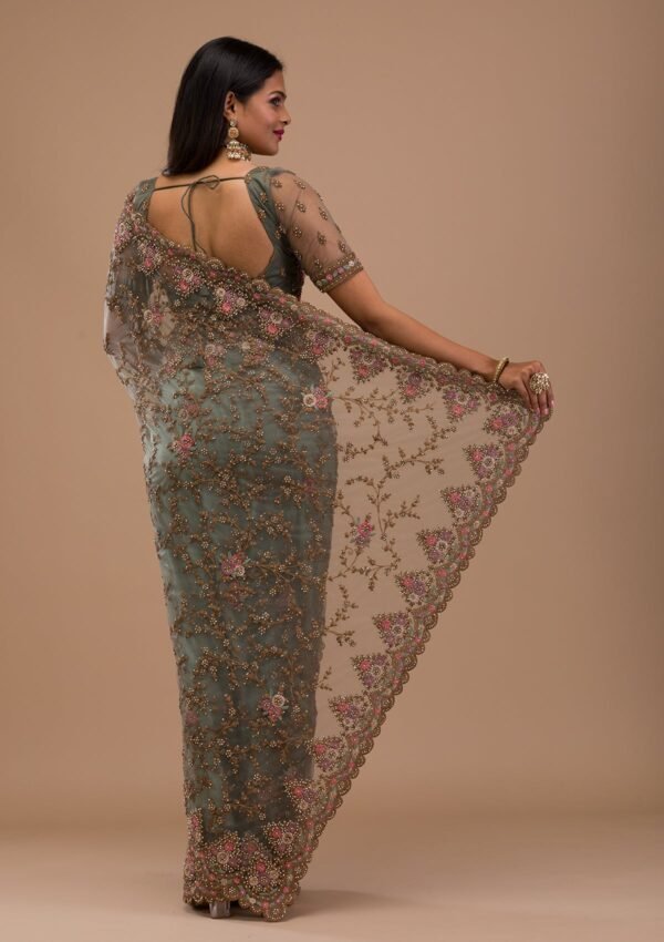 Elegant Sea Green Net Saree with Intricate Zari Work - Image 2