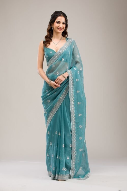 Elegant Sea Green Tissue Saree with Stunning Zari Work