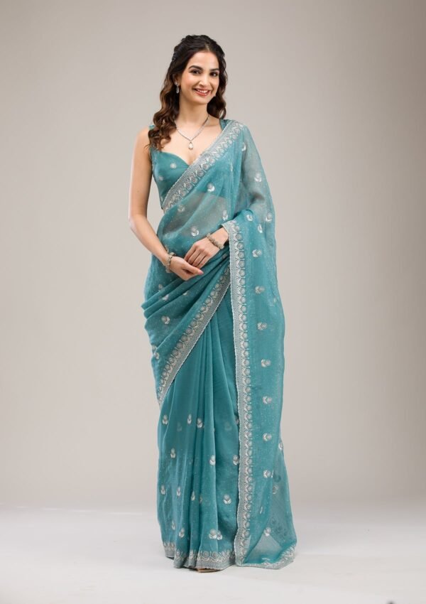 Elegant Sea Green Tissue Saree with Exquisite Zariwork