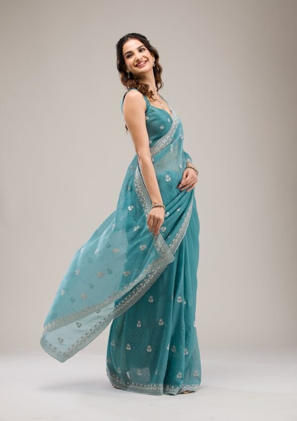 Elegant Sea Green Tissue Saree with Exquisite Zariwork - Image 4