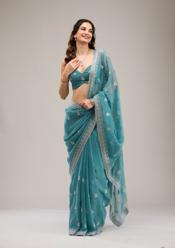 Elegant Sea Green Tissue Saree with Exquisite Zariwork - Image 7