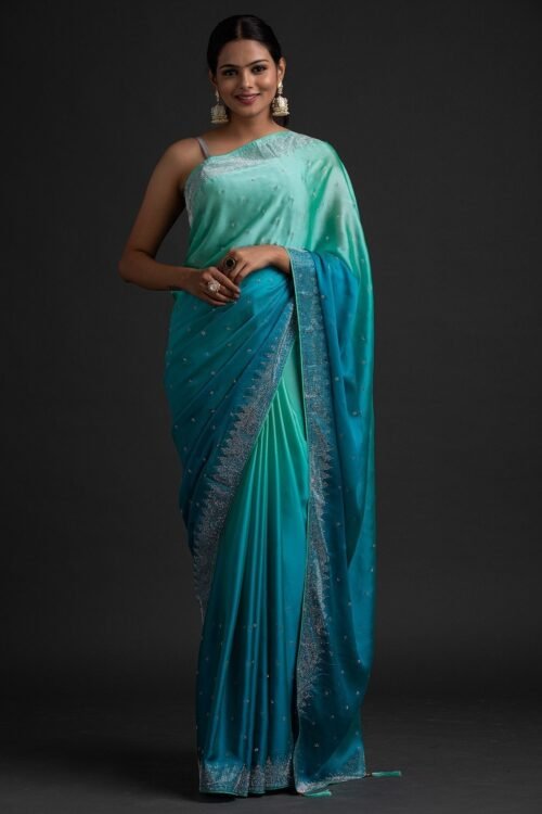 Elegant Blue Ombre Satin Saree with Stunning Stonework Design