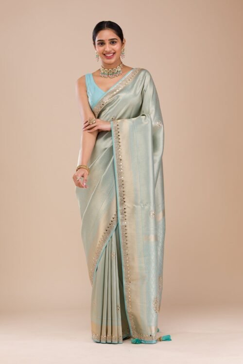 Exquisite Sky Blue Silk Saree Adorned with Mirrorwork