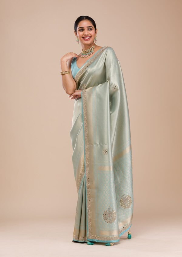 Exquisite Sky Blue Silk Saree Adorned with Mirrorwork - Image 3
