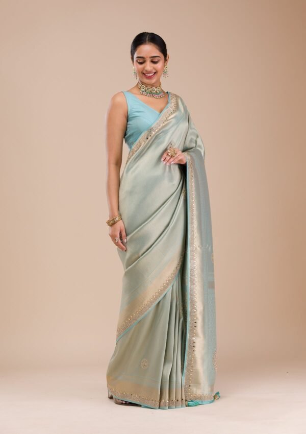Stunning Sky Blue Silk Saree with Exquisite Mirrorwork - Image 4