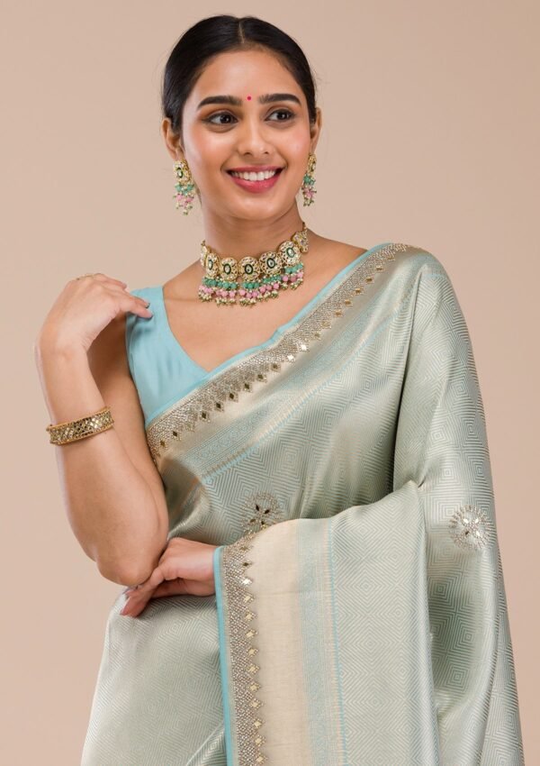 Stunning Sky Blue Silk Saree with Exquisite Mirrorwork - Image 5