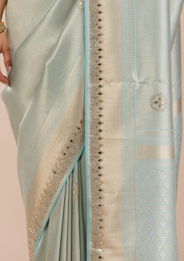 Stunning Sky Blue Silk Saree with Exquisite Mirrorwork - Image 7