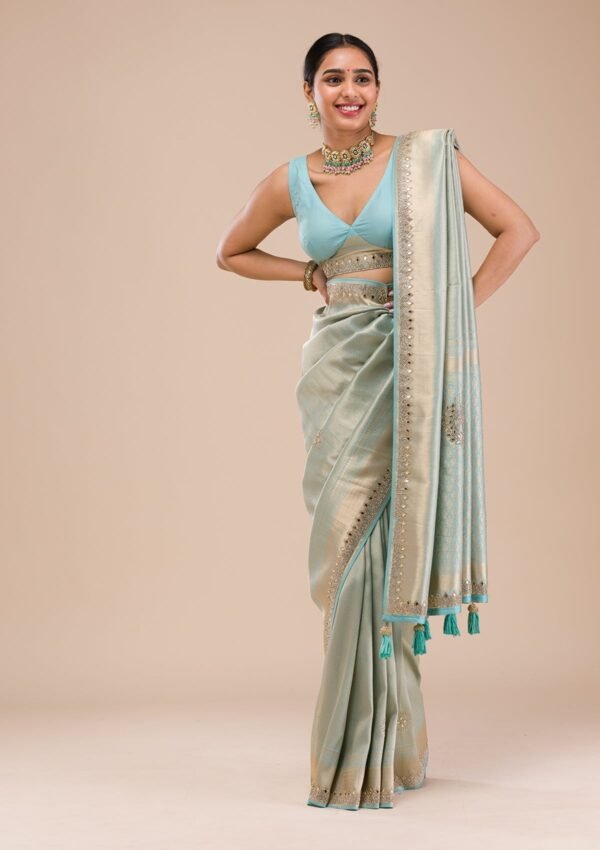 Stunning Sky Blue Silk Saree with Exquisite Mirrorwork - Image 6