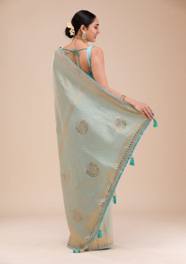 Stunning Sky Blue Silk Saree with Exquisite Mirrorwork - Image 2