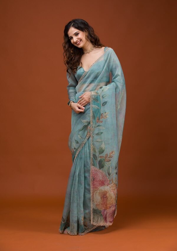 Stunning Sky Blue Floral Tissue Saree - Image 4