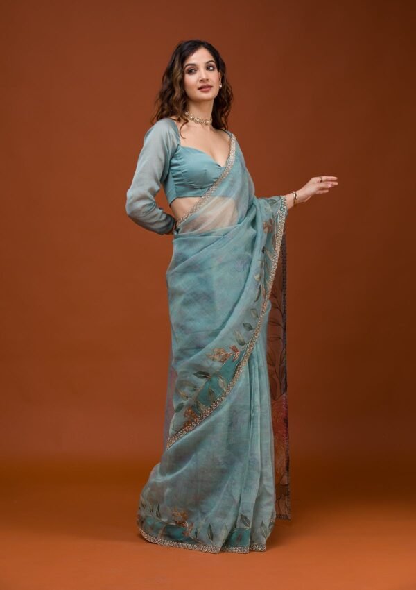 Stunning Sky Blue Floral Tissue Saree - Image 5