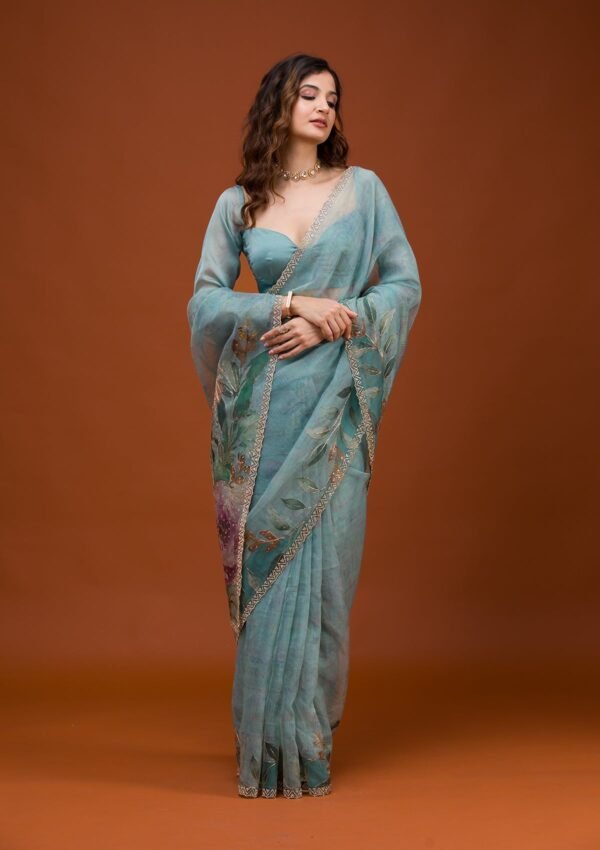 Stunning Sky Blue Floral Tissue Saree - Image 6
