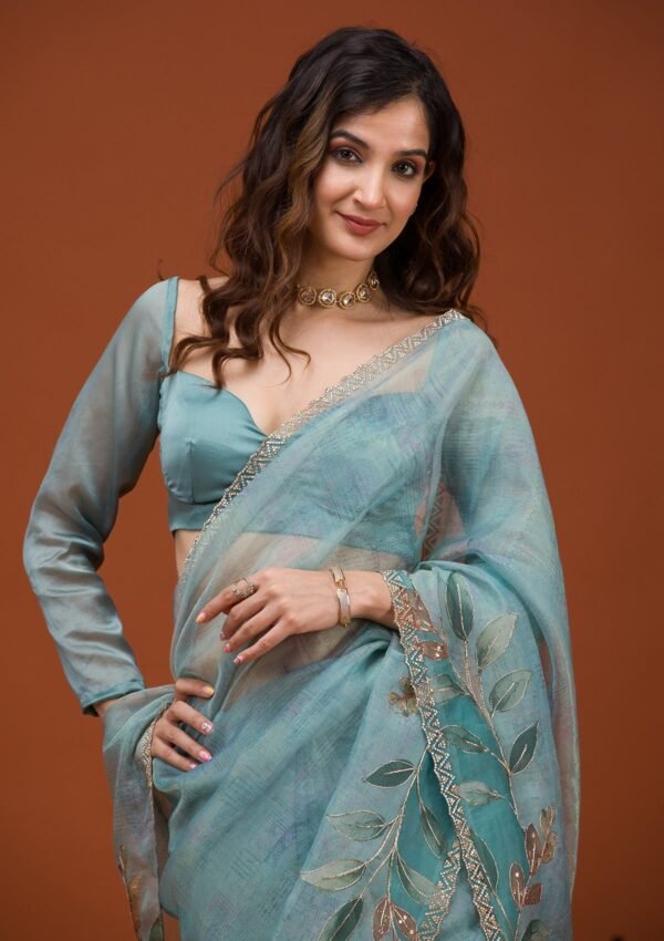 Stunning Sky Blue Floral Tissue Saree - Image 7