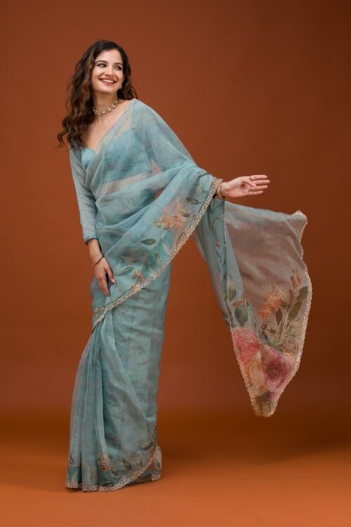 Stunning Sky Blue Floral Tissue Saree