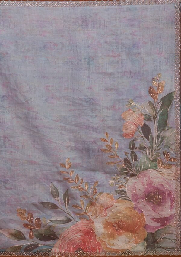 Stunning Sky Blue Floral Tissue Saree - Image 9