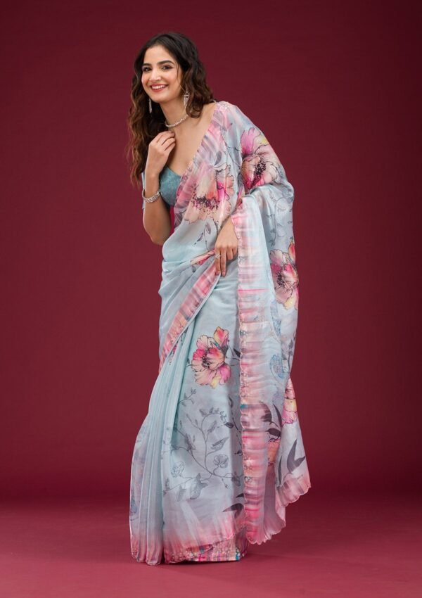 Elegant Sky Blue Printed Tissue Saree for a Stunning Look - Image 3