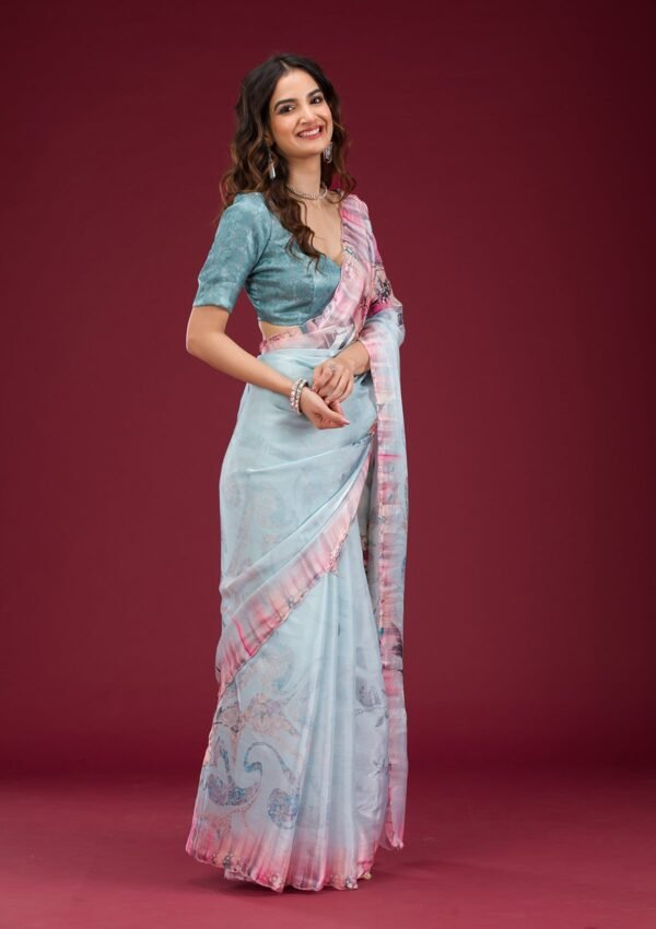 Elegant Sky Blue Printed Tissue Saree for a Stunning Look - Image 4