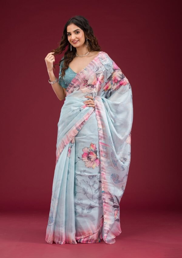 Elegant Sky Blue Printed Tissue Saree for a Stunning Look - Image 5