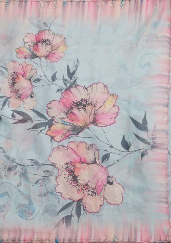 Elegant Sky Blue Printed Tissue Saree for a Stunning Look - Image 9
