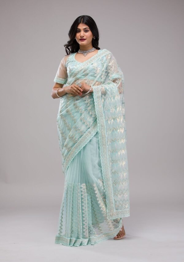 Elegant Sky Blue Sequined Net Saree for a Dazzling Look - Image 4