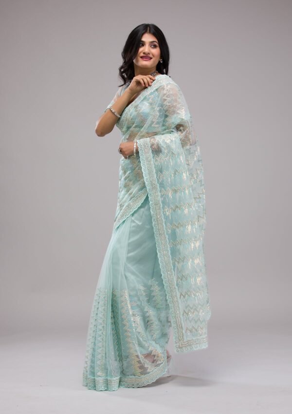 Elegant Sky Blue Sequined Net Saree for a Dazzling Look - Image 5