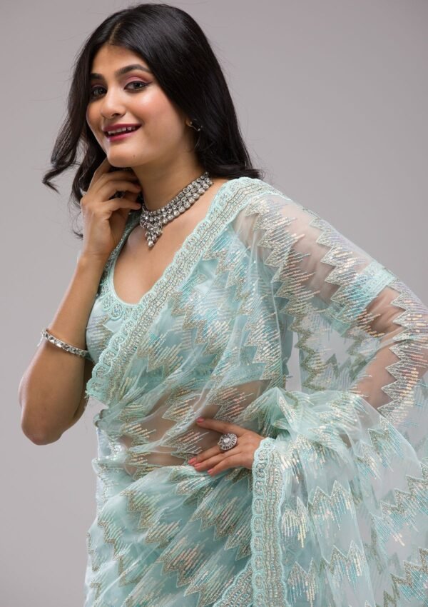 Elegant Sky Blue Sequined Net Saree for a Dazzling Look - Image 7