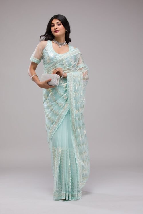 Elegant Sky Blue Sequined Net Saree for a Dazzling Look