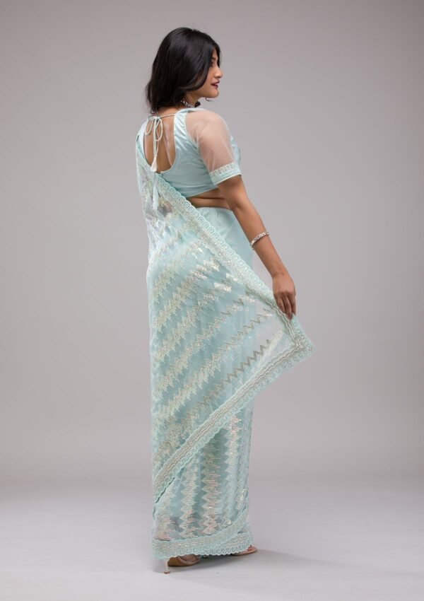 Elegant Sky Blue Sequined Net Saree for a Dazzling Look - Image 3
