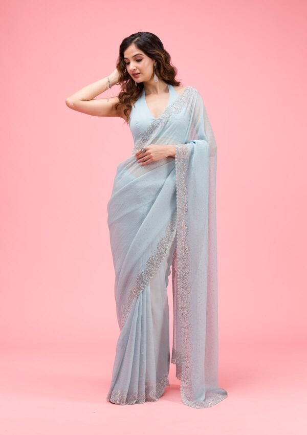 Elegant Sky Blue Chiffon Saree with Beautiful Threadwork - Image 6