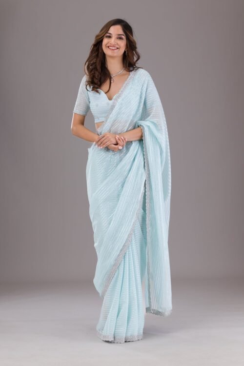 Elegant Sky Blue Stone-Embellished Georgette Saree