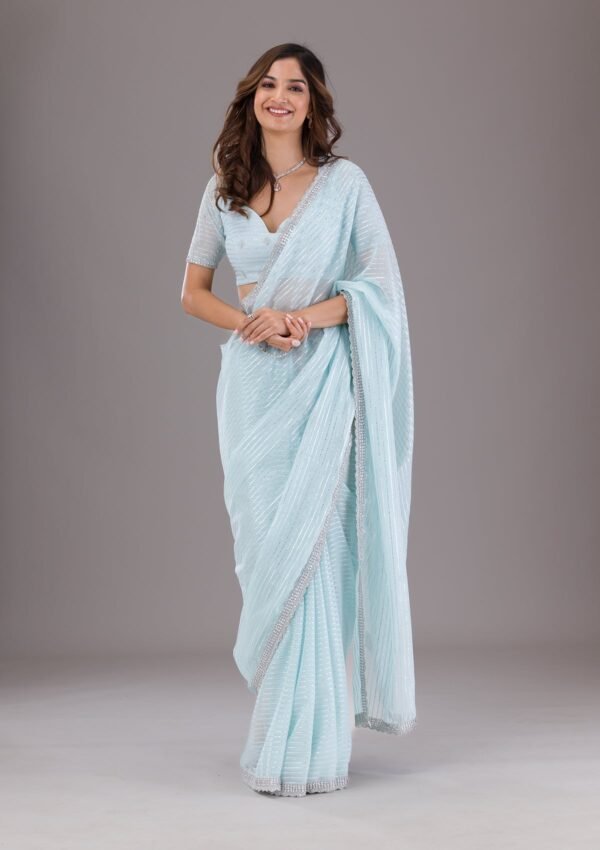 Elegant Sky Blue Stone-Embellished Georgette Saree