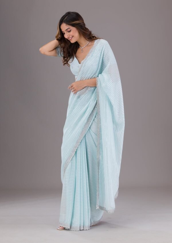 Elegant Sky Blue Stone-Embellished Georgette Saree - Image 3