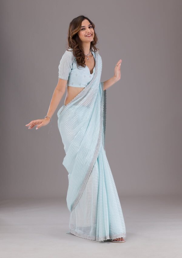 Elegant Sky Blue Stone-Embellished Georgette Saree - Image 4