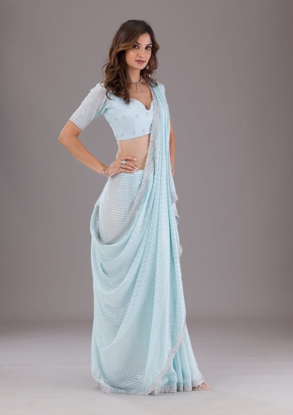 Elegant Sky Blue Stone-Embellished Georgette Saree - Image 6