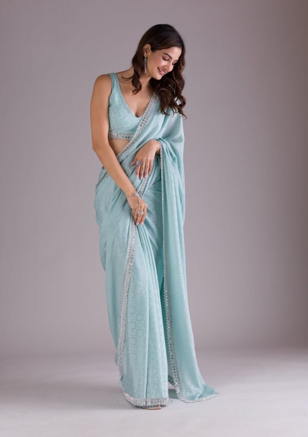 Elegant Sky Blue Semi Crepe Saree with Stunning Stonework - Image 5