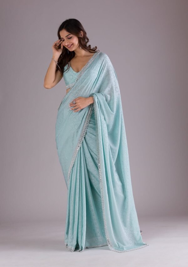Elegant Sky Blue Semi Crepe Saree with Intricate Stonework - Image 3