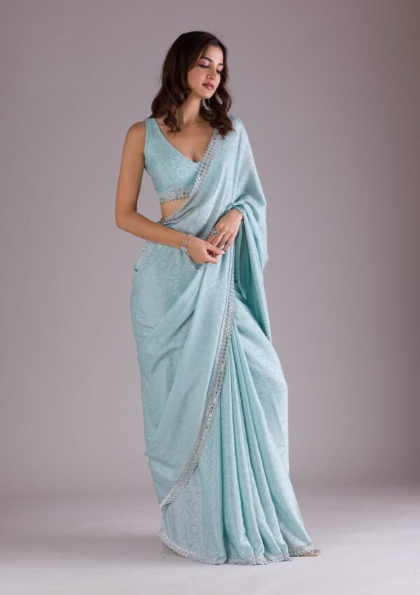 Elegant Sky Blue Semi Crepe Saree with Stunning Stonework - Image 6