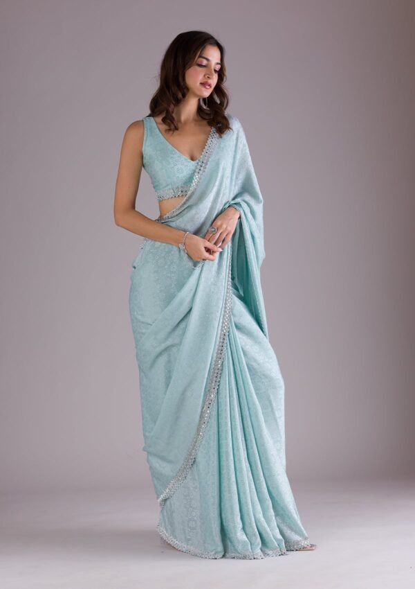 Elegant Sky Blue Semi Crepe Saree with Intricate Stonework - Image 6