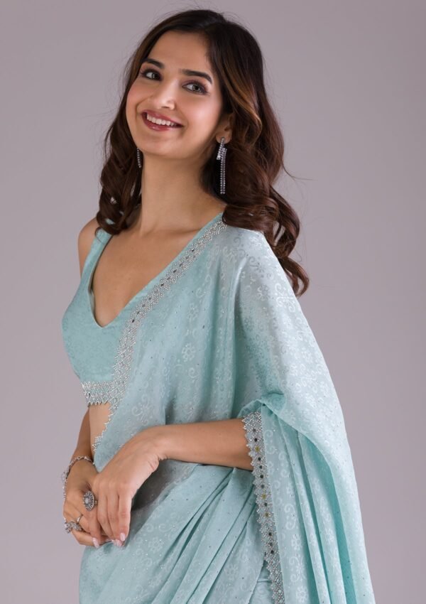 Elegant Sky Blue Semi Crepe Saree with Intricate Stonework - Image 8