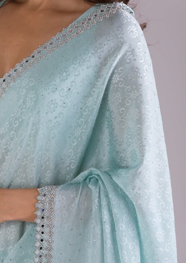 Elegant Sky Blue Semi Crepe Saree with Intricate Stonework - Image 7